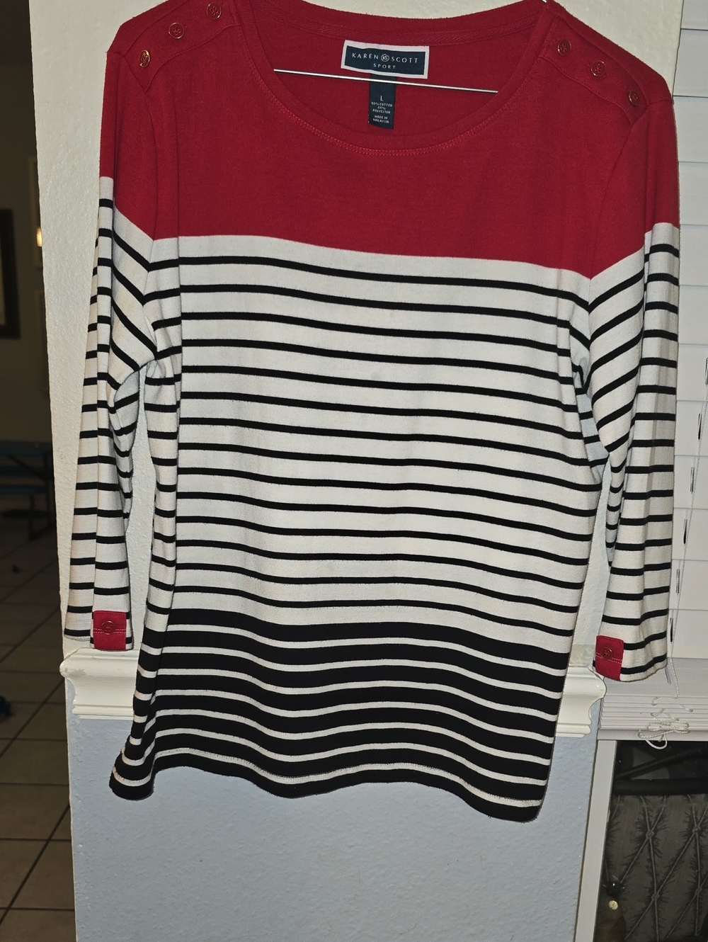 Karen Scott Red, White & Black Striped Boatneck Top